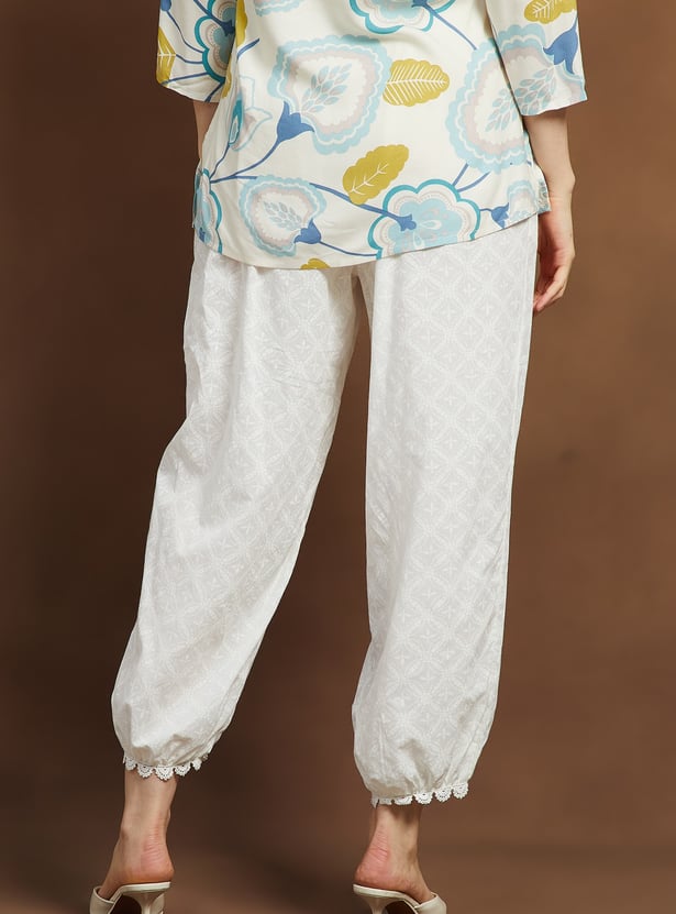 MELANGE Ethnic Motif Straight Pants with Lace Hem