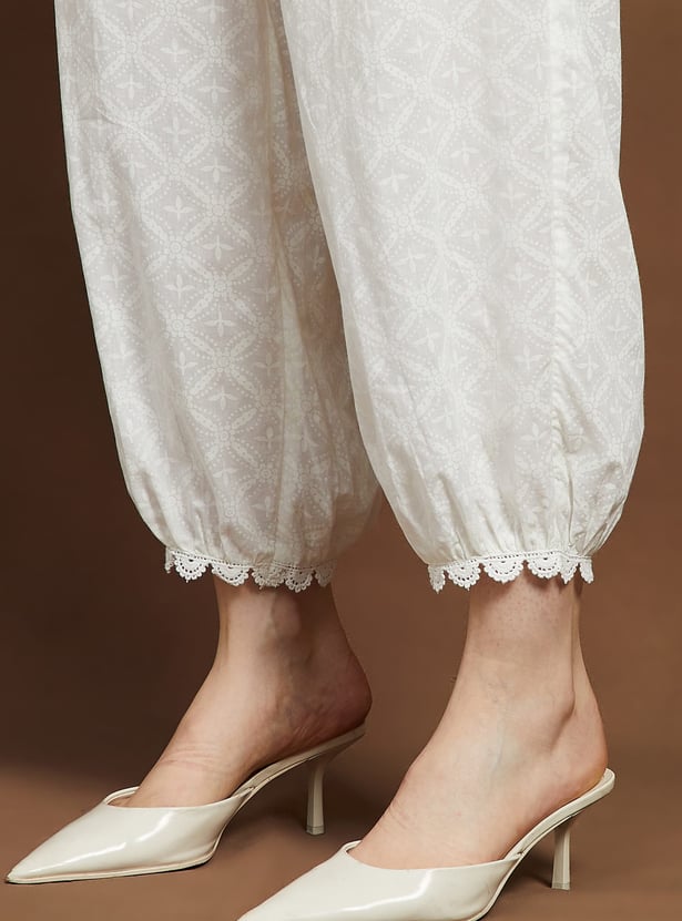 MELANGE Ethnic Motif Straight Pants with Lace Hem