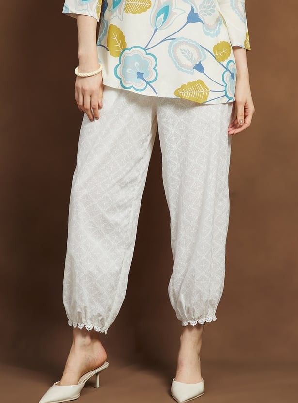 MELANGE Ethnic Motif Straight Pants with Lace Hem