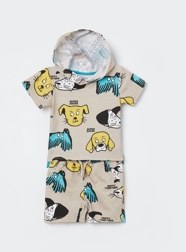 JUNIORS Boys Dog Print Hooded T-shirt with Shorts