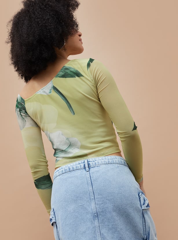 GINGER Floral Print Asymmetric Neck Top