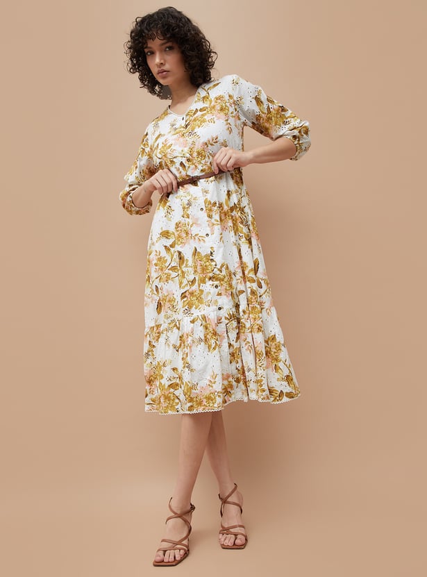 COLOUR ME Floral Print A-Line Dress with Belt