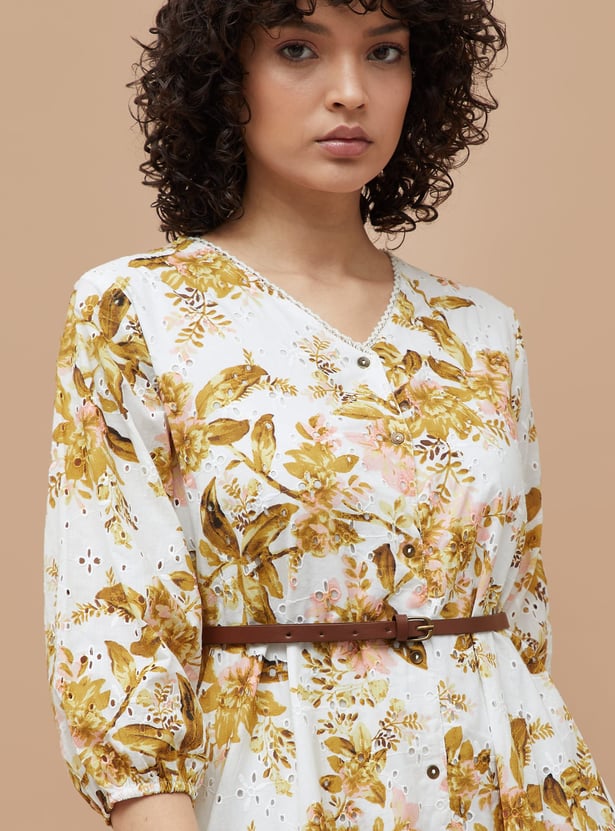 COLOUR ME Floral Print A-Line Dress with Belt