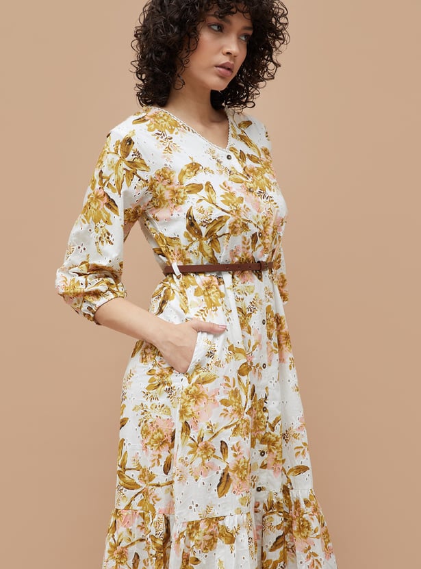 COLOUR ME Floral Print A-Line Dress with Belt