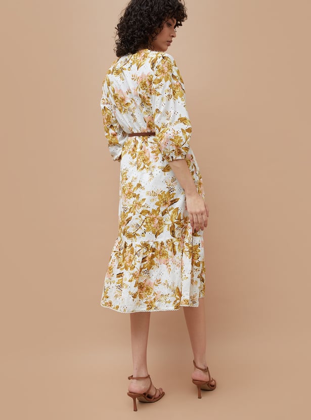 COLOUR ME Floral Print A-Line Dress with Belt