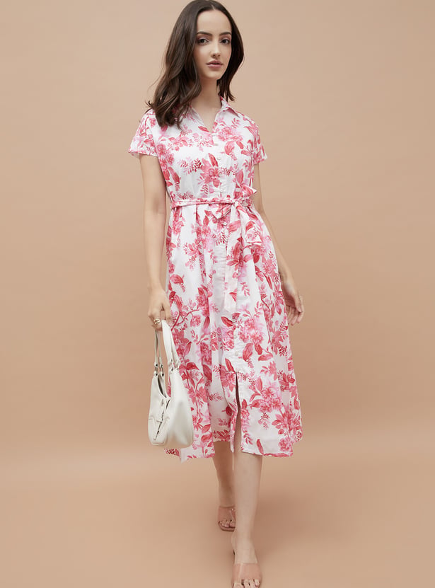 COLOUR ME Floral Print Shirt Dress with Belt