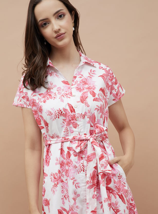 COLOUR ME Floral Print Shirt Dress with Belt