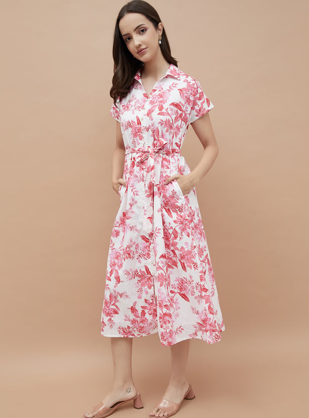 COLOUR ME Floral Print Shirt Dress with Belt
