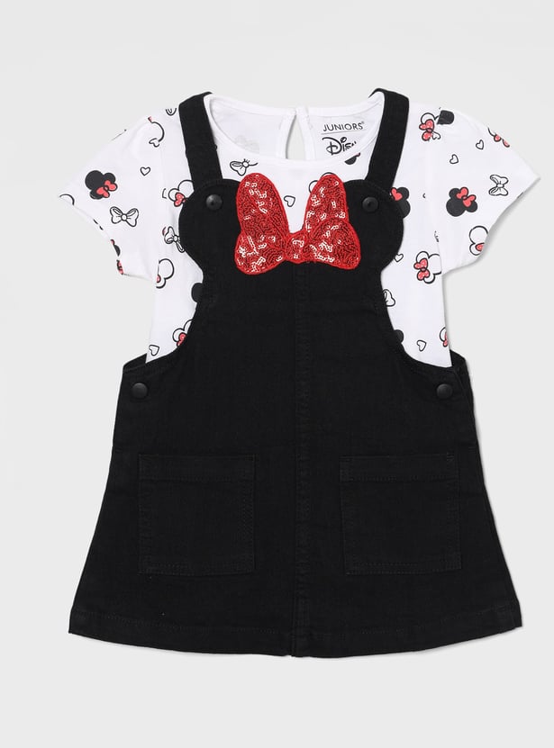 JUNIORS Girls Minnie Mouse Applique Dungarees With T-shirt