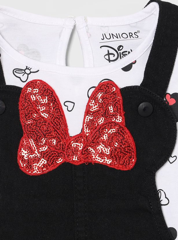 JUNIORS Girls Minnie Mouse Applique Dungarees With T-shirt