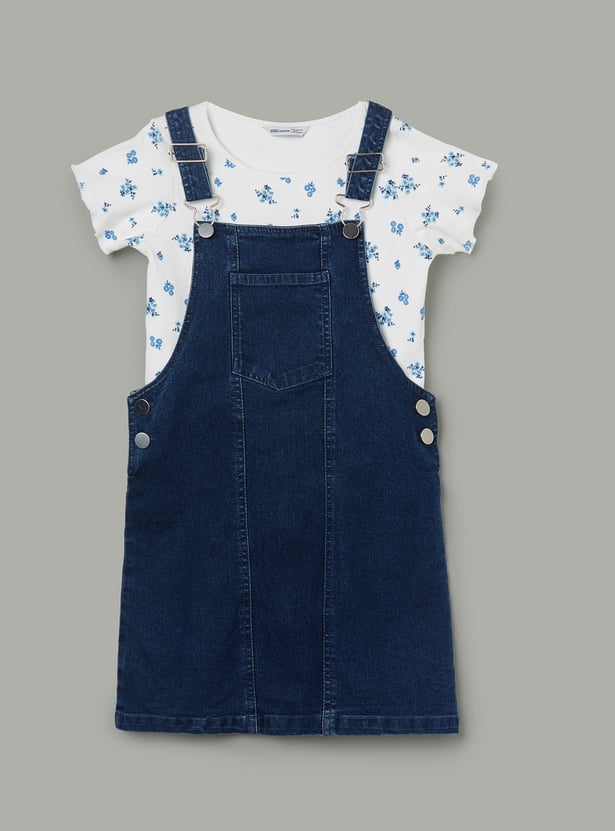 FAME FOREVER Girls Washed Denim Dungaree with T-shirt
