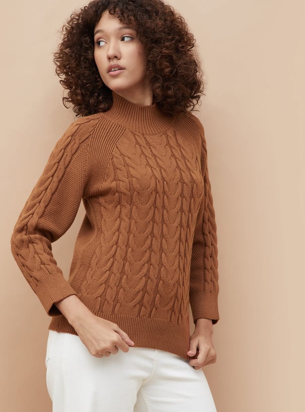 COLOUR ME Cable Knit Mock Neck Sweater