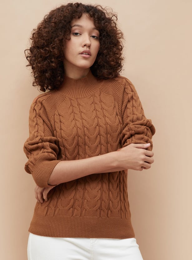 COLOUR ME Cable Knit Mock Neck Sweater