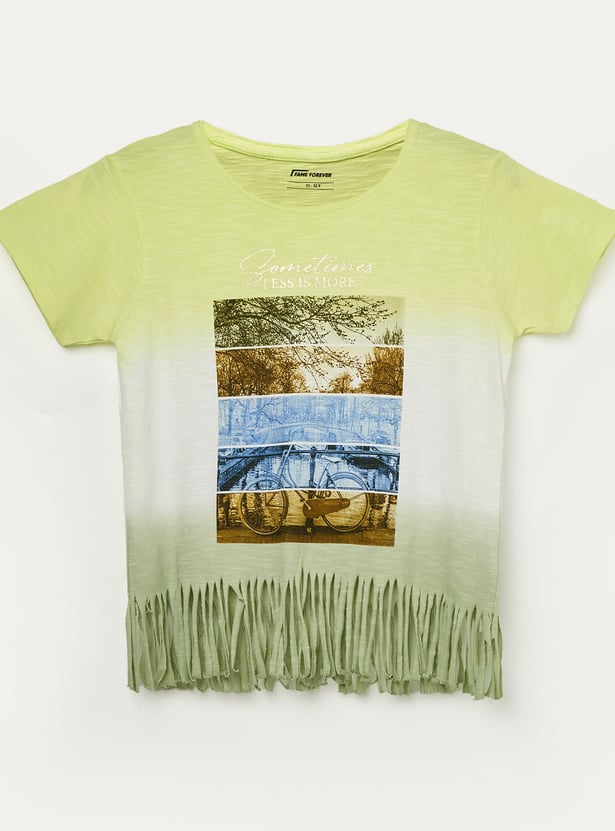 FAME FOREVER Girls Graphic Print T-shirt with Fringe Hem