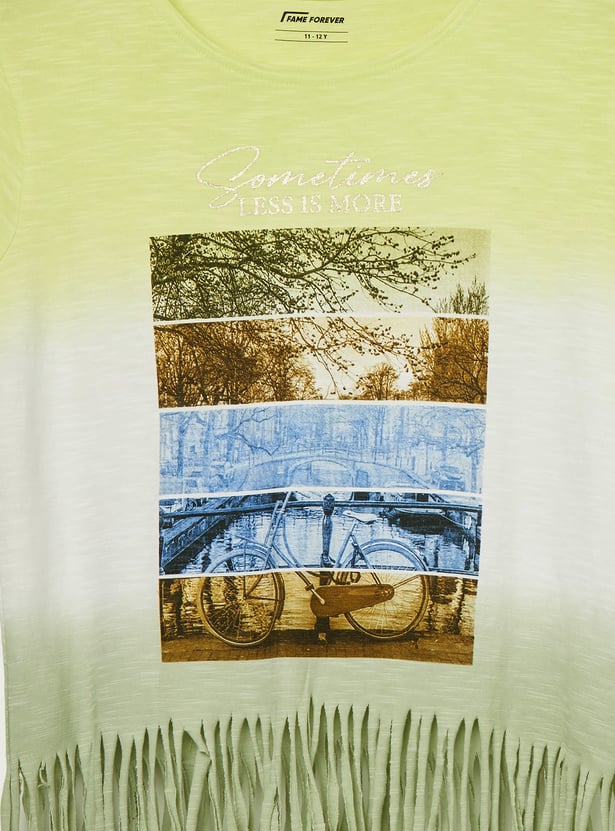 FAME FOREVER Girls Graphic Print T-shirt with Fringe Hem