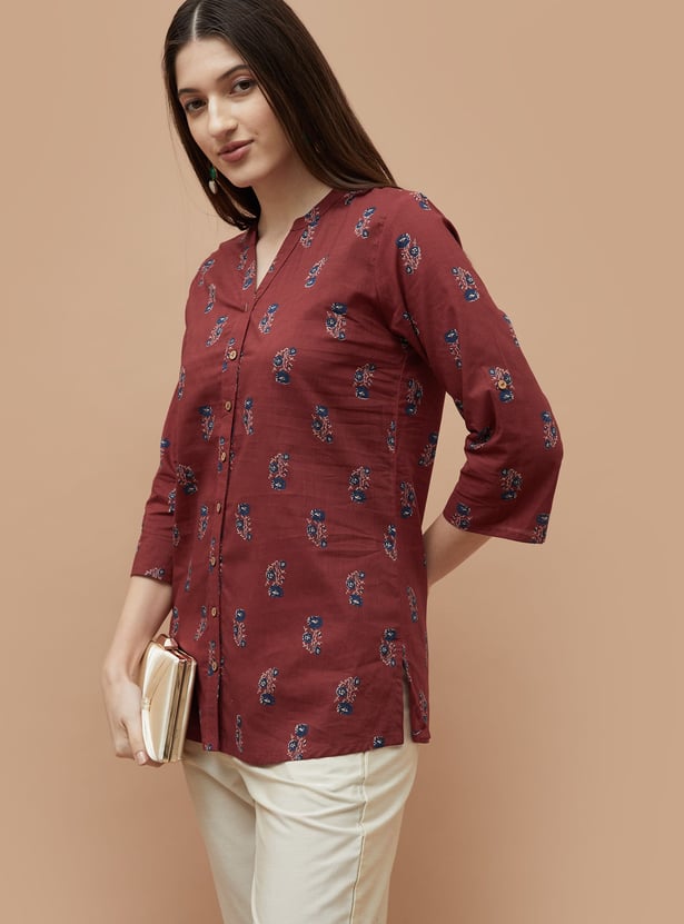 MELANGE Floral Print Notched Neck Straight Kurti