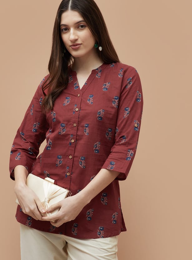 MELANGE Floral Print Notched Neck Straight Kurti