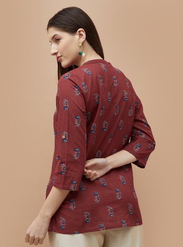 MELANGE Floral Print Notched Neck Straight Kurti