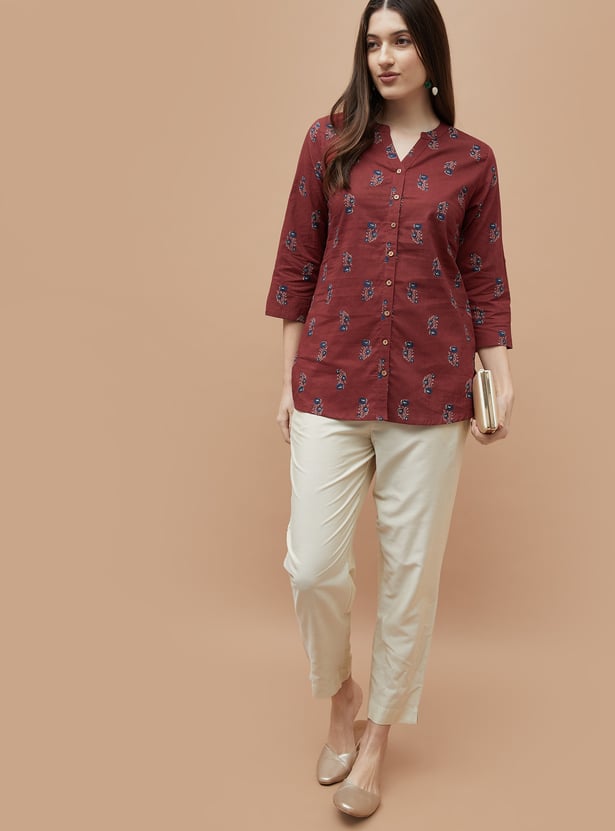 MELANGE Floral Print Notched Neck Straight Kurti