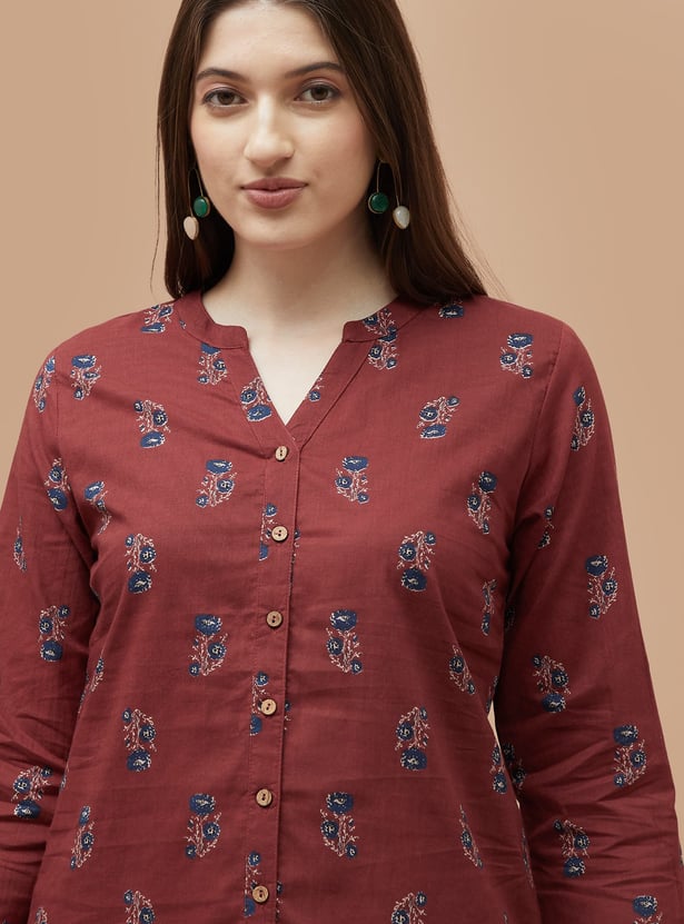 MELANGE Floral Print Notched Neck Straight Kurti