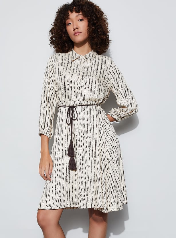 FAME FOREVER Printed Shirt Dress with Waist Tie
