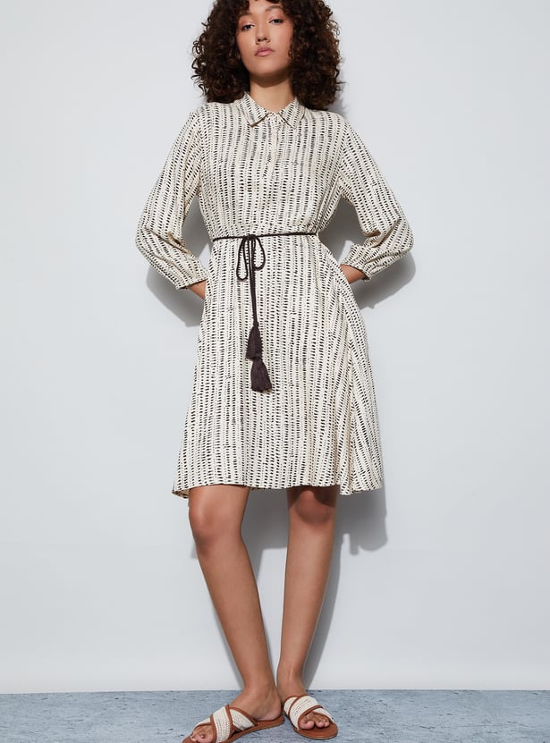 FAME FOREVER Printed Shirt Dress with Waist Tie