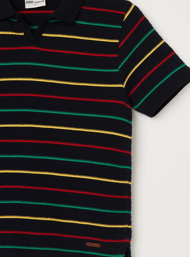 FAME FOREVER Boys Striped Johnny Collar T-shirt