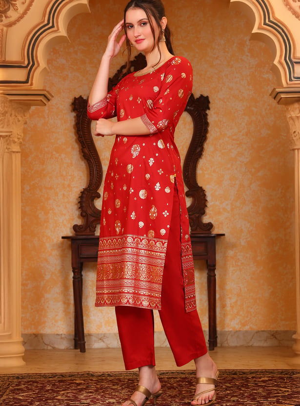 AURELIA Ethnic Motif Foil Print Straight Kurta Set