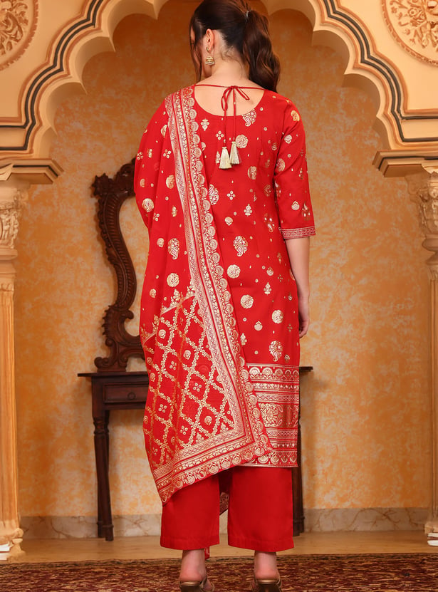 AURELIA Ethnic Motif Foil Print Straight Kurta Set