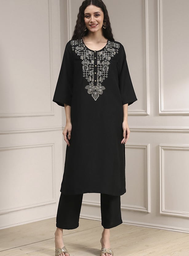 BIBA Embroidered Yoke Straight Kurta Set