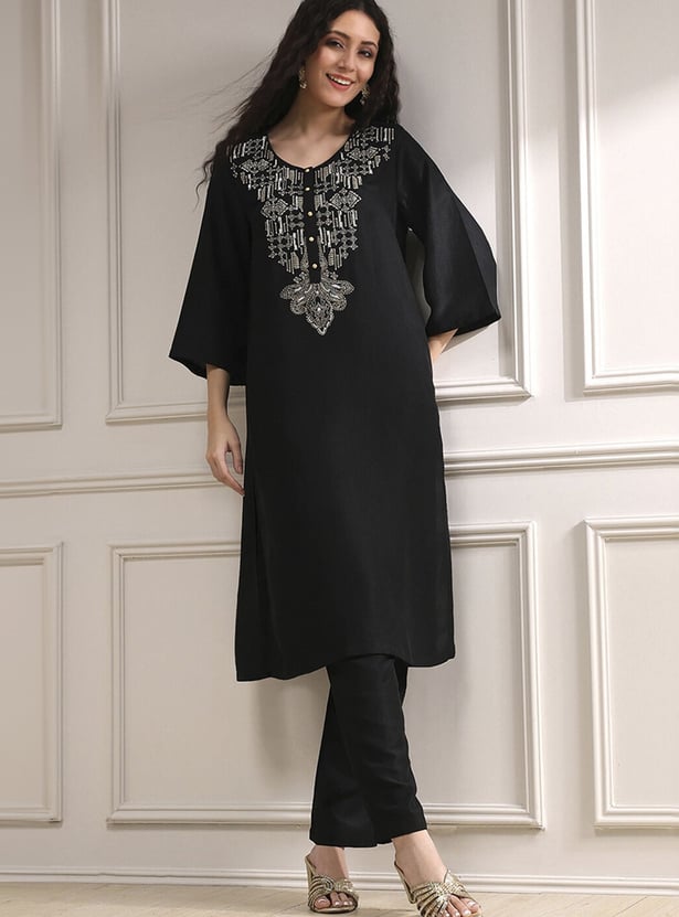 BIBA Embroidered Yoke Straight Kurta Set