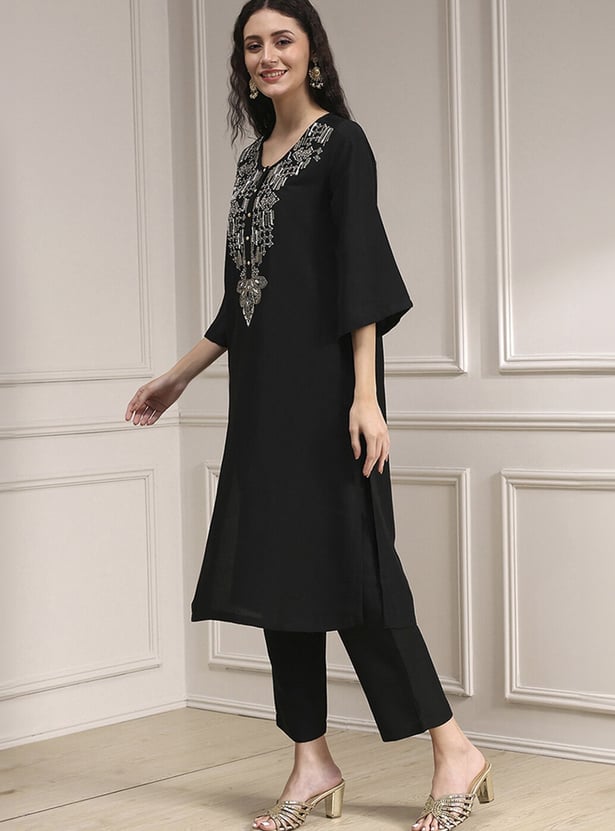 BIBA Embroidered Yoke Straight Kurta Set