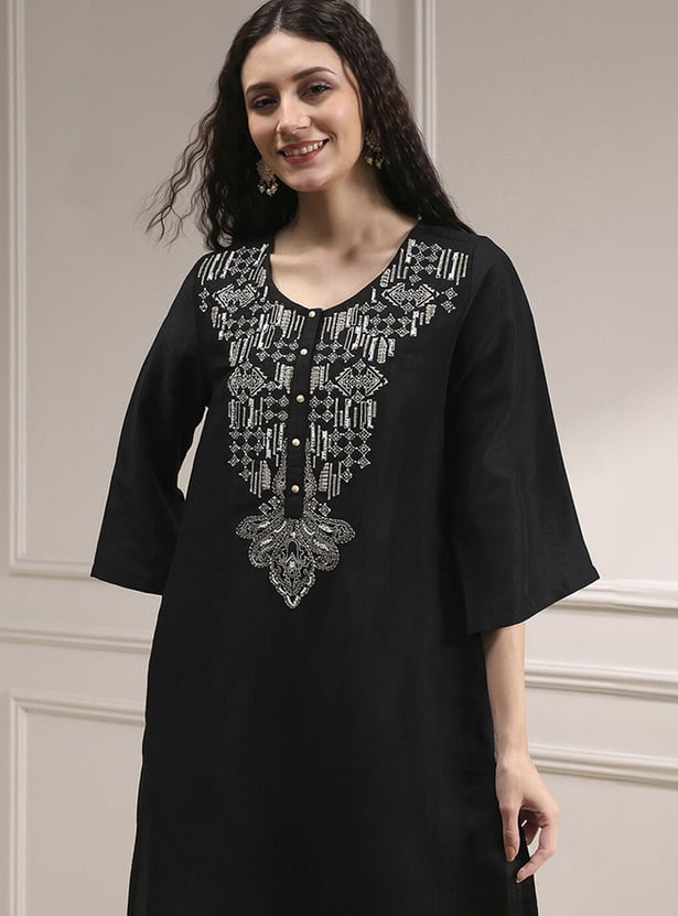 BIBA Embroidered Yoke Straight Kurta Set