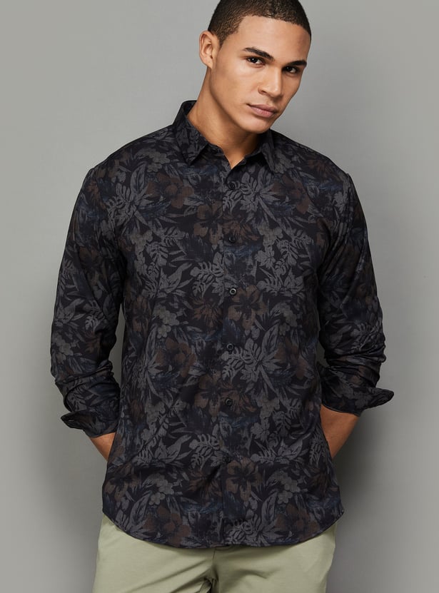 V DOT Floral Print Slim Fit Shirt