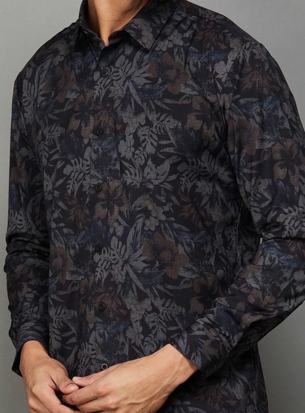 V DOT Floral Print Slim Fit Shirt