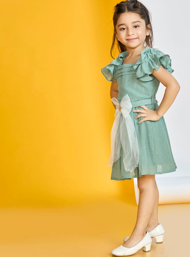 PEPPERMINT Girls Textured Bow Detail Fit and Flare Dress