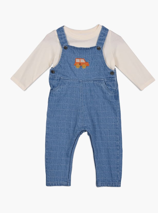 FS MINI KLUB Checked Denim Dungarees with T-shirt