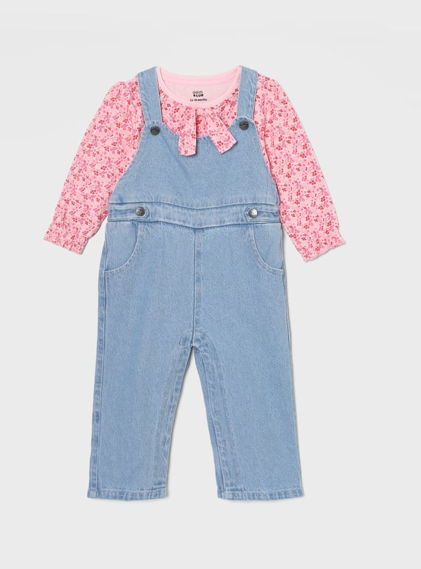 FS MINI KLUB Girls Washed Denim Jumpsuit with Floral Print Top