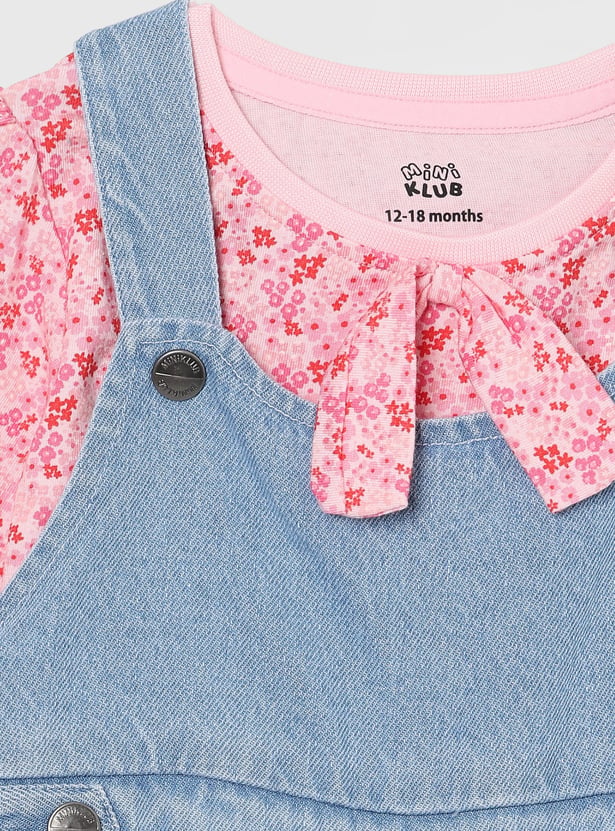 FS MINI KLUB Girls Washed Denim Jumpsuit with Floral Print Top