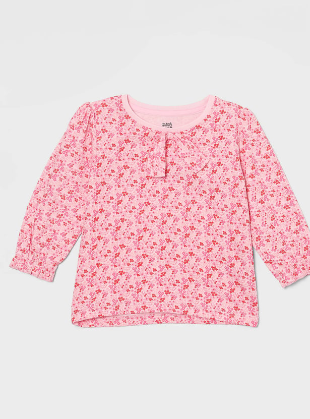 FS MINI KLUB Girls Washed Denim Jumpsuit with Floral Print Top