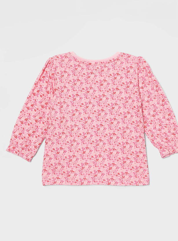 FS MINI KLUB Girls Washed Denim Jumpsuit with Floral Print Top