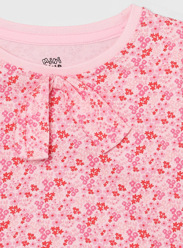 FS MINI KLUB Girls Washed Denim Jumpsuit with Floral Print Top
