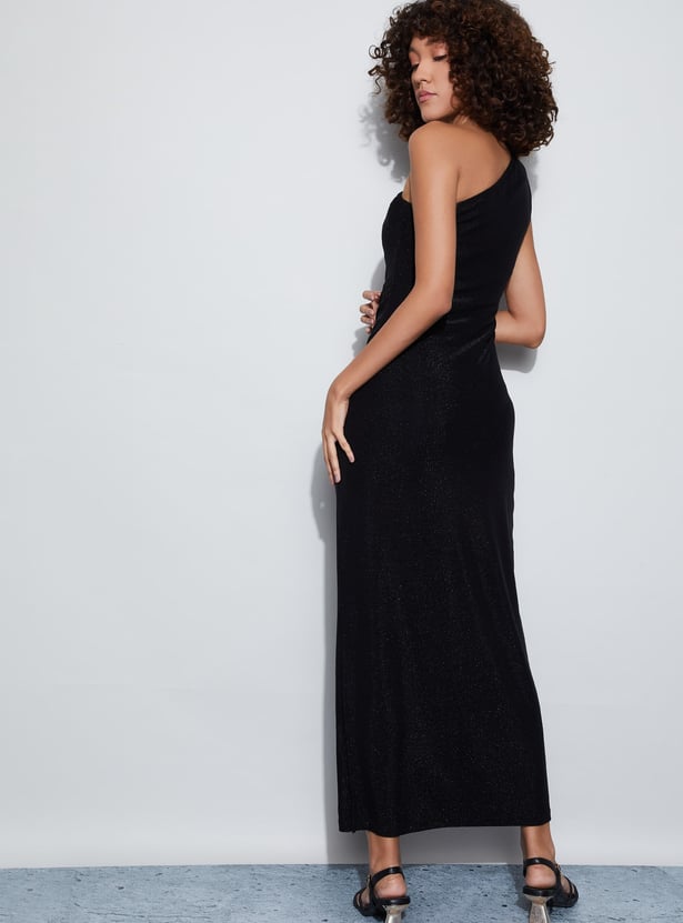 CODE Shimmer One-Shoulder Slit Sheath Dress