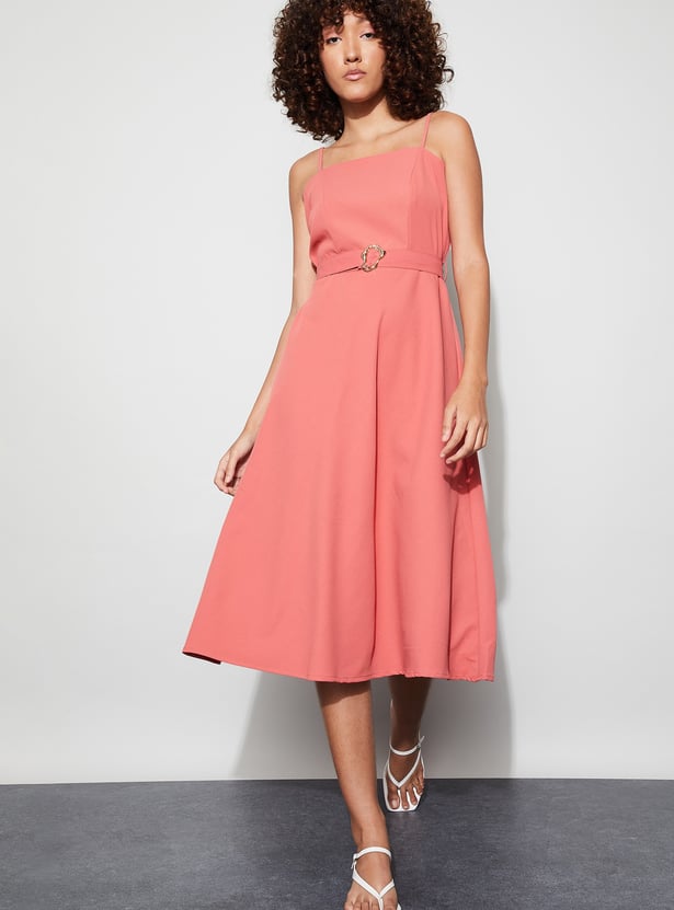 CODE Solid Belted Midi Dress