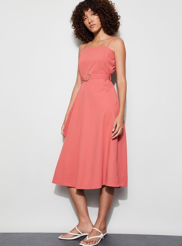 CODE Solid Belted Midi Dress