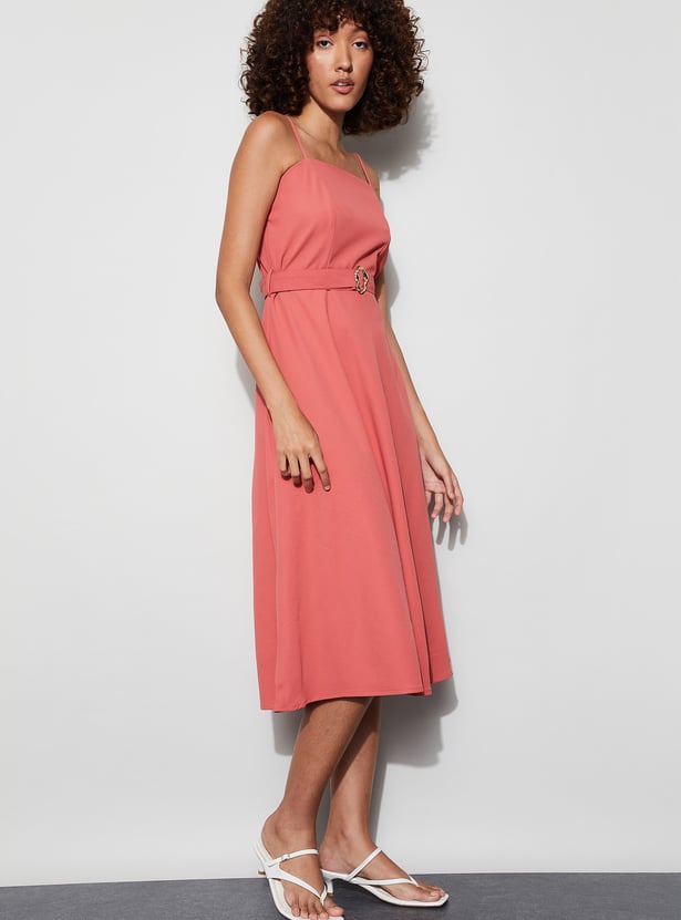 CODE Solid Belted Midi Dress