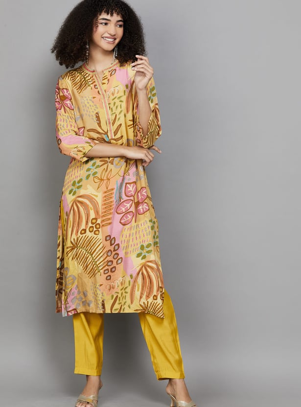 FASHOR Botanical Print Straight Kurta Set