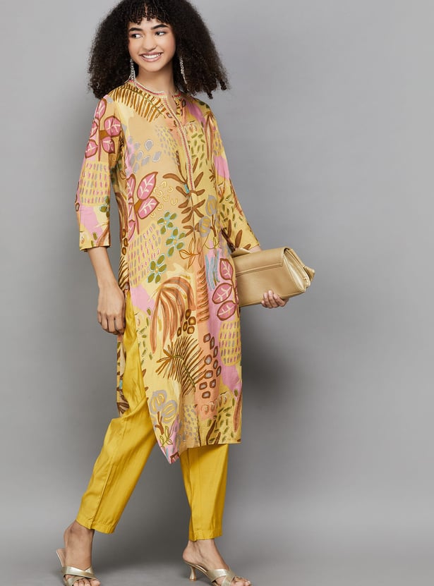 FASHOR Botanical Print Straight Kurta Set