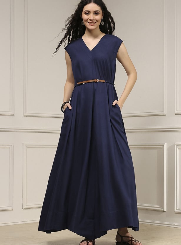 BIBA Solid Belted A-Line Maxi Dress