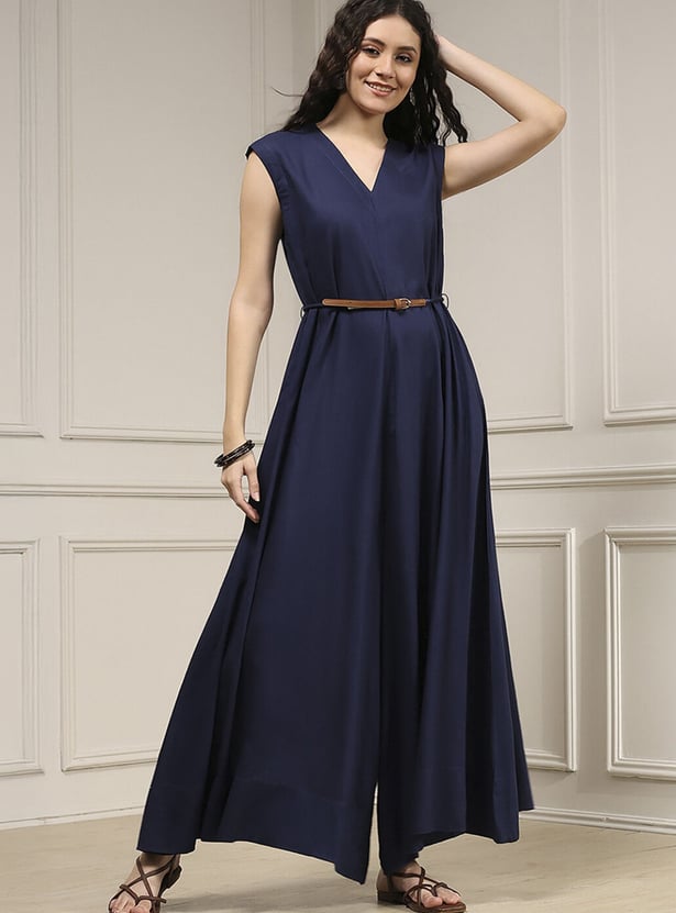 BIBA Solid Belted A-Line Maxi Dress
